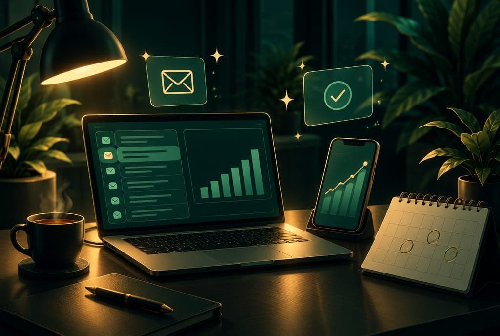 A laptop with an inbox and a growth chart, a phone with analytics and a calendar