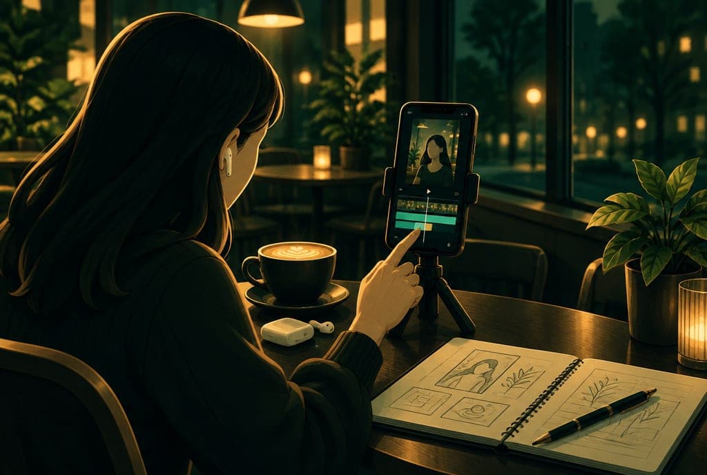 A creator editing a vertical video on her phone at a café table