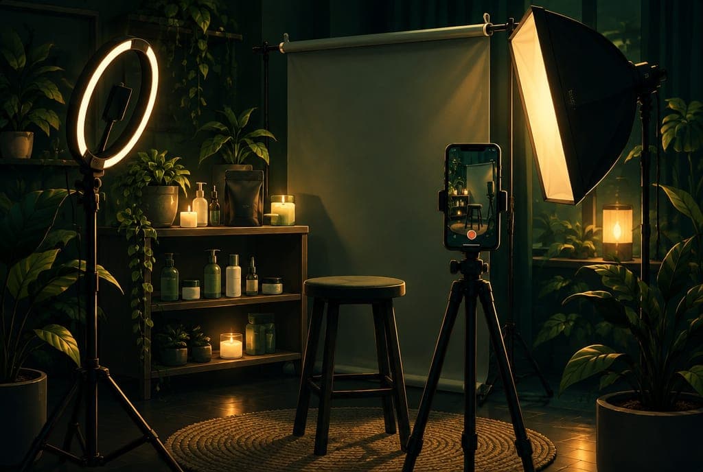A small home studio corner with a ring light, a softbox, a backdrop and product props