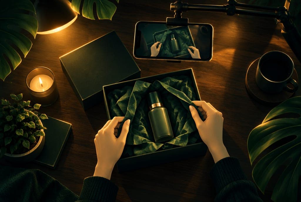 Hands unboxing a brand PR package while a phone films from above