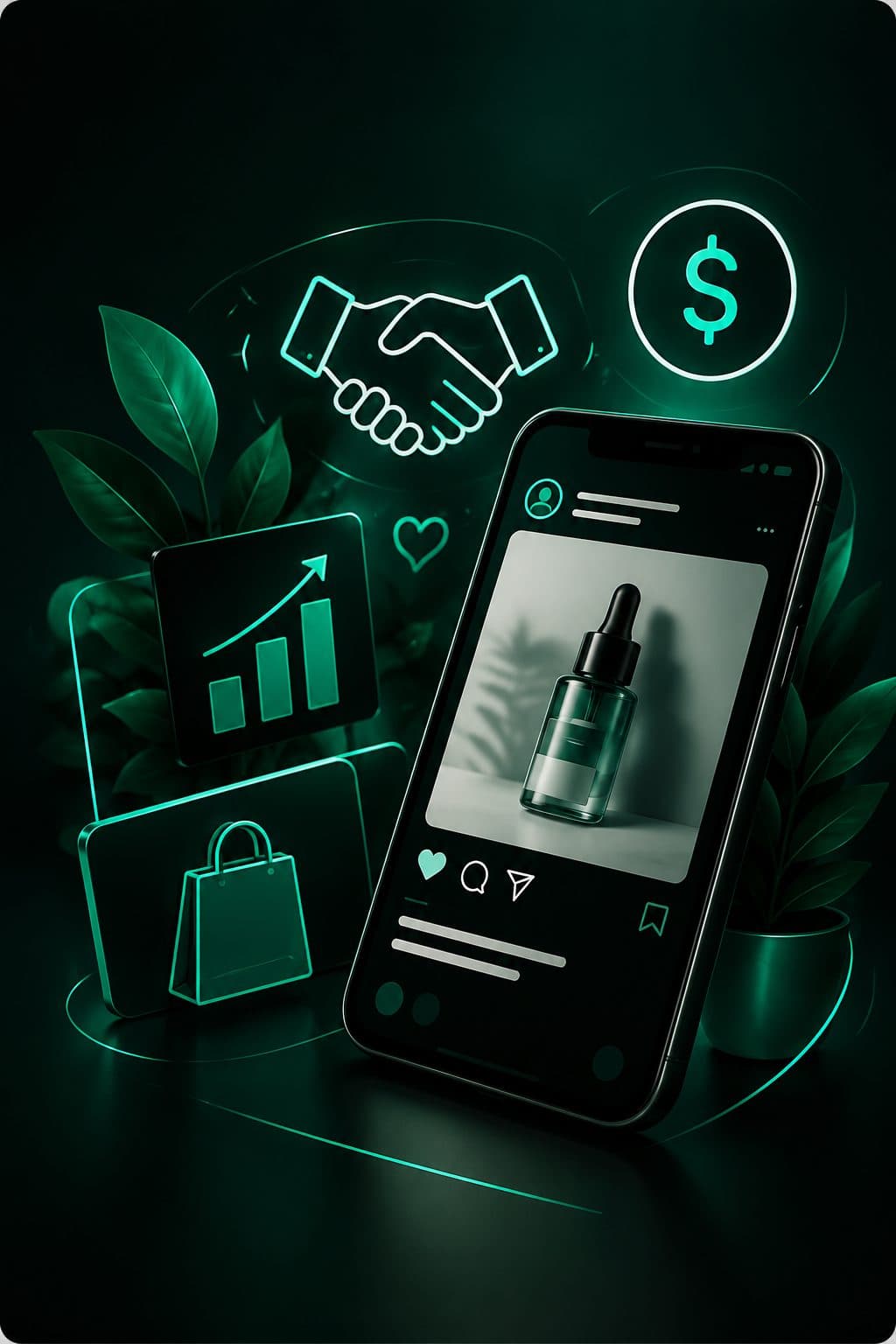 A phone showing a product post, with handshake and growth icons