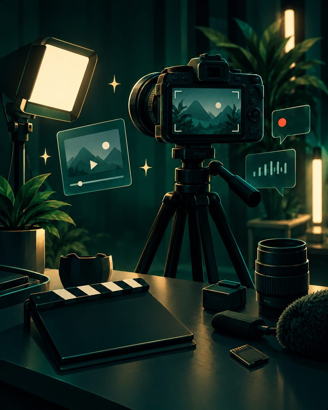 A camera on a tripod with a softbox light and a clapperboard