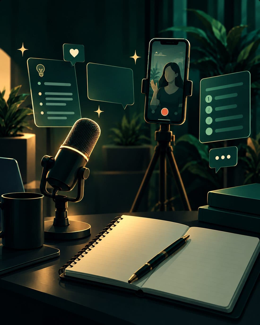A mic, a phone recording a piece to camera and a notebook of ideas
